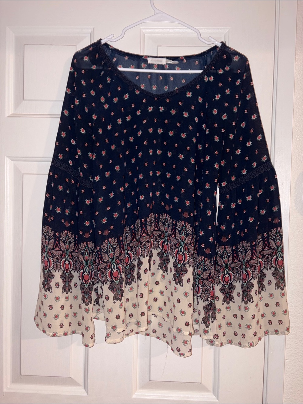 Blu Pepper Boho Floral Bell-Sleeve Top - Navy and Cream